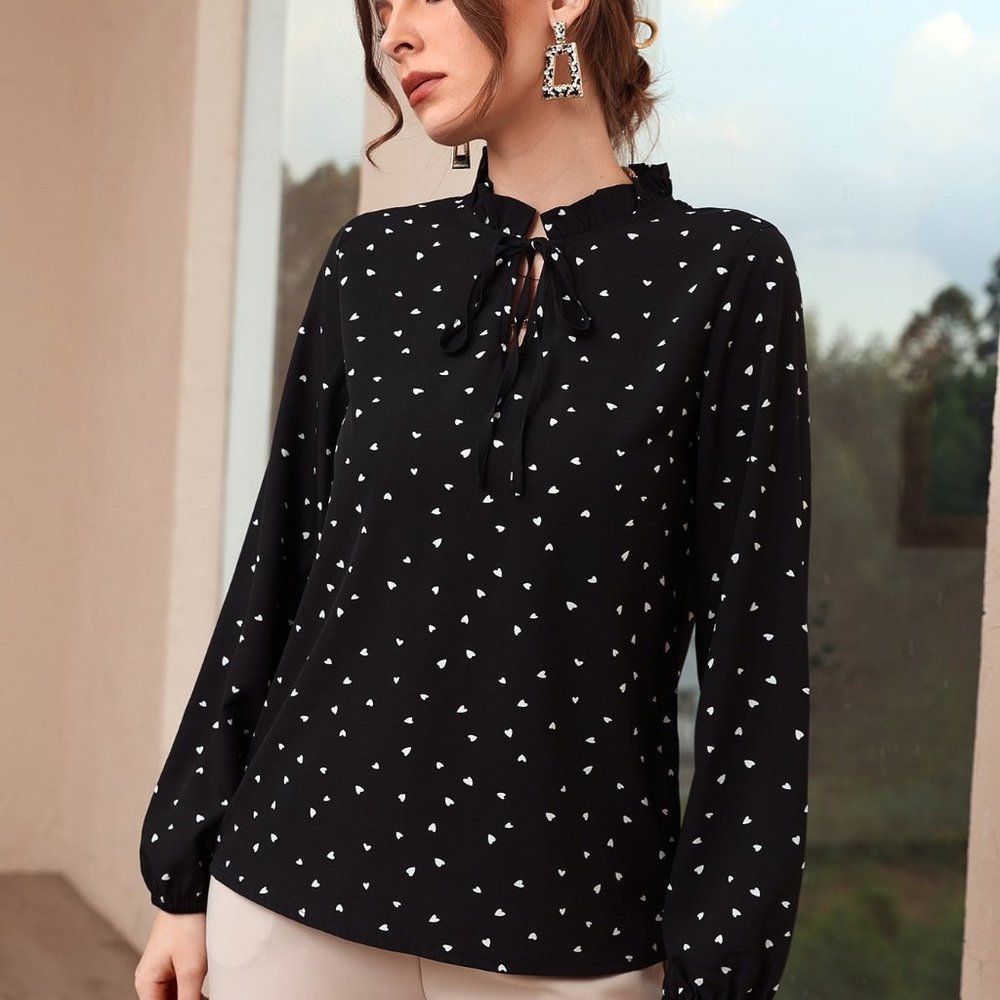 New Heart Print Frill Tie Neck Blouse Black - Picture 3 of 7